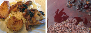 Chicken, fruit and rice for lunch.  A reflection of a hand in fermenting juice